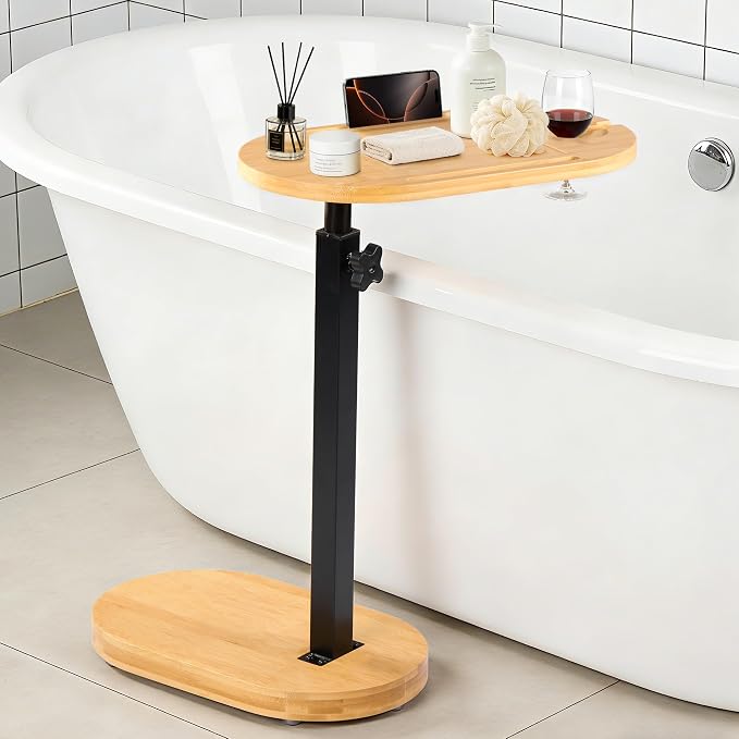 Bamboo Bathtub Side Table, 360° Swivel Height Adjustable Freestanding Bath by VELOHEIM