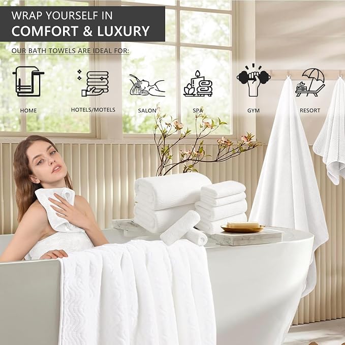 8 Piece Bath Towel Set White|2 Oversized Large Bath Sheet, 2 Hand Towels - Image 2