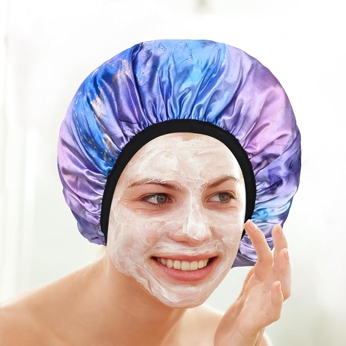 Purple Marble Print Satin Shower Cap, Three-Layer Terry Cloth Lined, - Image 5