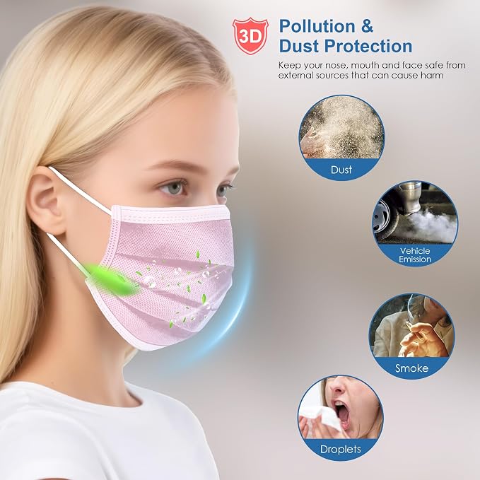 NNPCBT Pink Disposable Face Masks 125 Pack, 3-Ply Breathable Mask - Image 4