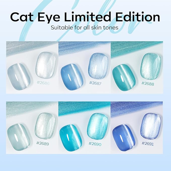 modelones Cat Eye Gel Nail Polish Set, 6 Colors Light Baby Blue Green 9D Cat - Image 4