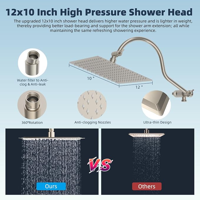 Hibbent All Metal 12'' Filtered Rainfall Shower Head Combo, High Pressure - Image 6