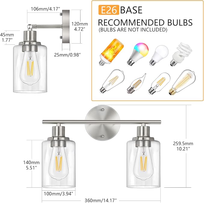 FOLKSMATE Bathroom Light Fixtures, 2-Light Brushed Nickel Vanity Light - Image 4