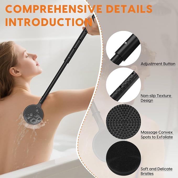 Back Scrubber for Shower, 24in Adjustable Handle Body Brush, Double Sided - Image 3