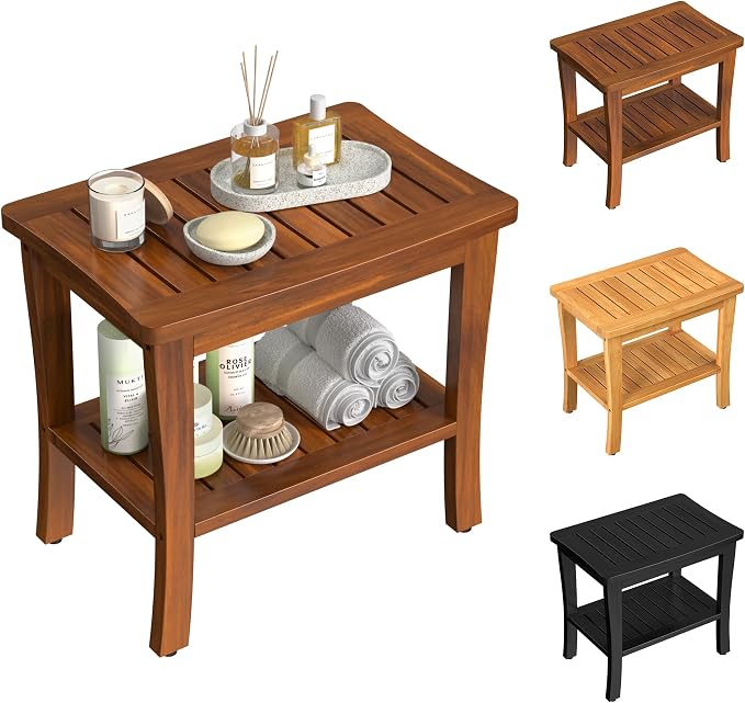 Large Teak Wood Shower Bench Stool by Greenual