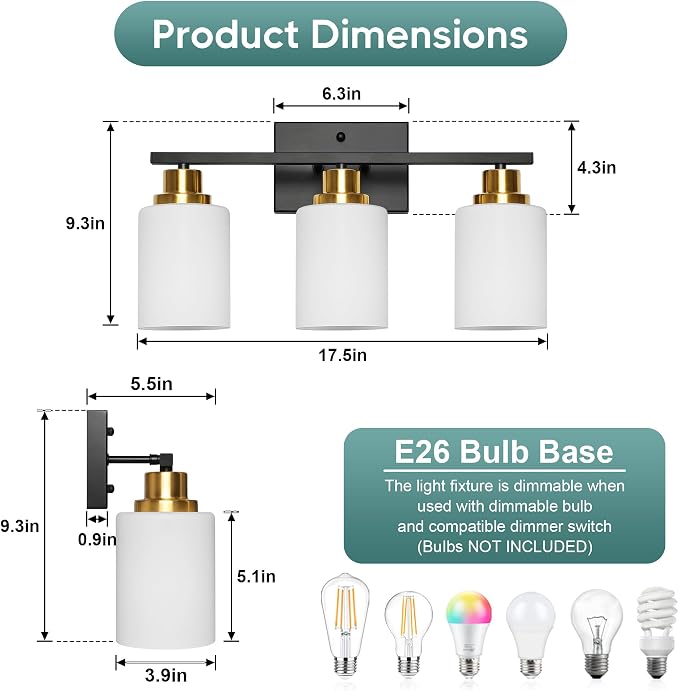 Ascher Bathroom Light Fixtures, 3-Light Vanity Light Over Mirror, Wall Lamp - Image 2