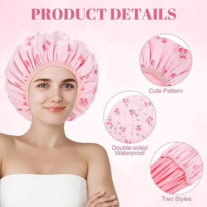 Large Double-Sided Shower Cap for Women, 2-in-1 Reusable Waterproof Cherry - Image 4