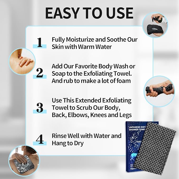 Exfoliating Washcloth Shower Towels, Premium Japanese Exfoliating Body Scrubber - Image 4