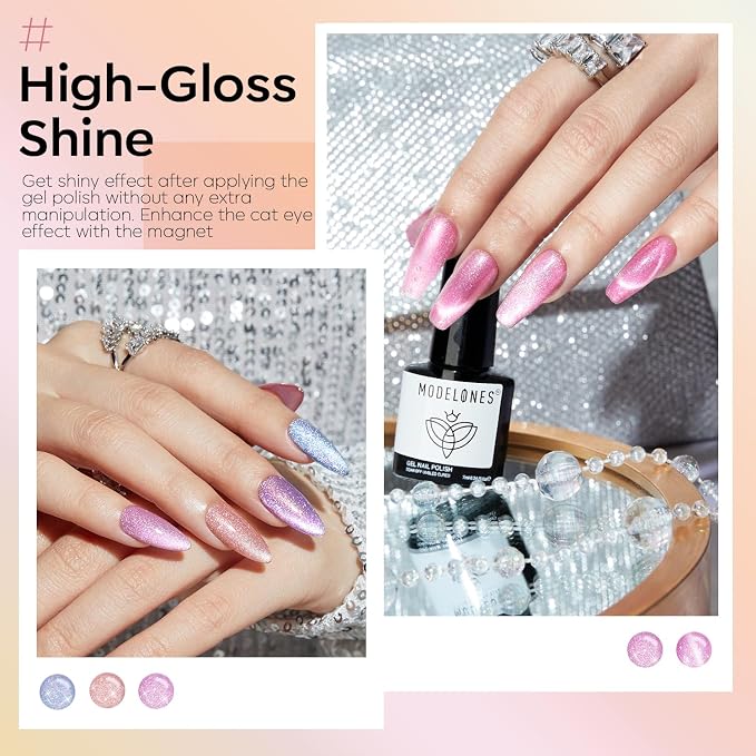 modelones Holographic Glitter Cat Eye Gel Nail Polish Kit 6 Colors - Image 4