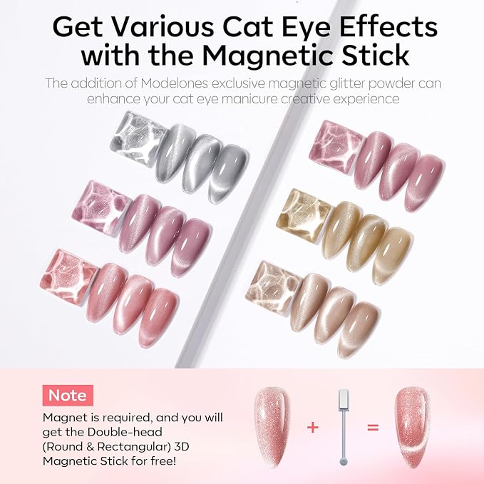 modelones Gel Nail Polish Set, 6 Colors Nude Pink Silver 9D Glassy Cat Eye - Image 2