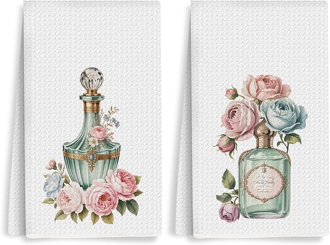 2pcs Vintage Rose and Perfume Bottle Floral Kitchen Towels, Perfume Lover Gift by Unknown