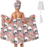 Bath Wrap Set with Hair Turban, Gothic Floral Pattern, Skull and Daisy Print - Image 2