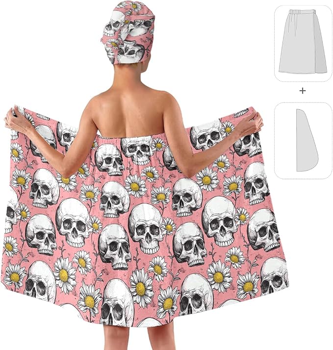 Bath Wrap Set with Hair Turban, Gothic Floral Pattern, Skull and Daisy Print - Image 2