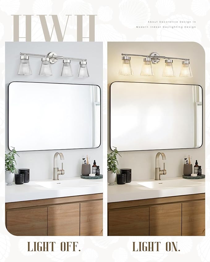 4-Light Bathroom Vanity Light Fixtures, HWH Brushed Nickel Bathroom Vanity - Image 4