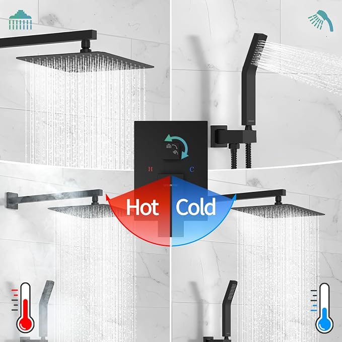 SR SUN RISE Black Square Rainfall Shower Head and Handle Set, Wall Mounted - Image 6