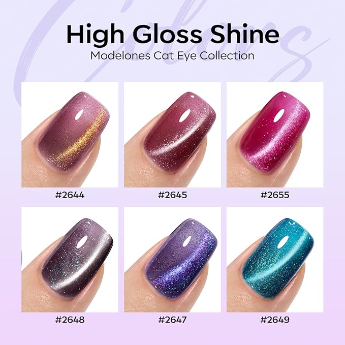 Modelones Cat Eye Gel Nail Polish Set, 6 Colors Coloful Neon Galaxy Champagne - Image 2