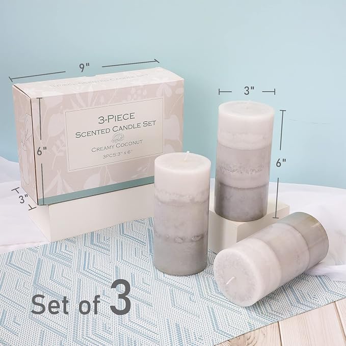 Set of 3 Scented Candles 3" x 6" Creamy Coconut Scented Hand Poured Grey White - Image 4