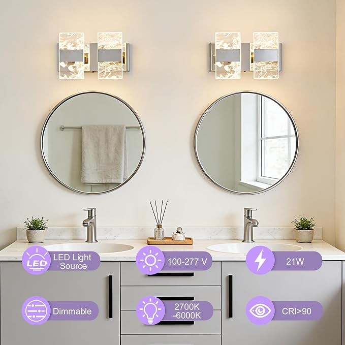 Modern LED Bathroom Light Fixtures Dimmable 2-Light Chrome Vanity Light - Image 2