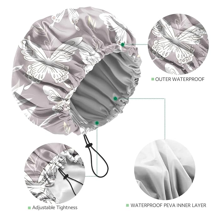 2 PCS Shower Cap Waterproof Double Layer Elastic Adjustable Reusable Hair Bath - Image 3