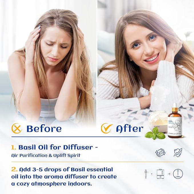 HIQILI Basil Essential Oil, 100% Pure & Natural, Diffuser in Bedroom, Mediation - Image 2