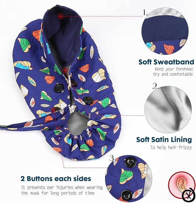Satin Lined Scrub Caps with Buttons & Sweathand, Surgical Caps - Image 2
