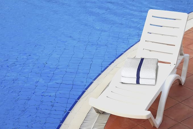 Avalon Towels 100% Cotton Pool Towels White Beach Towels Blue Stripe Pack of 12 - Image 8