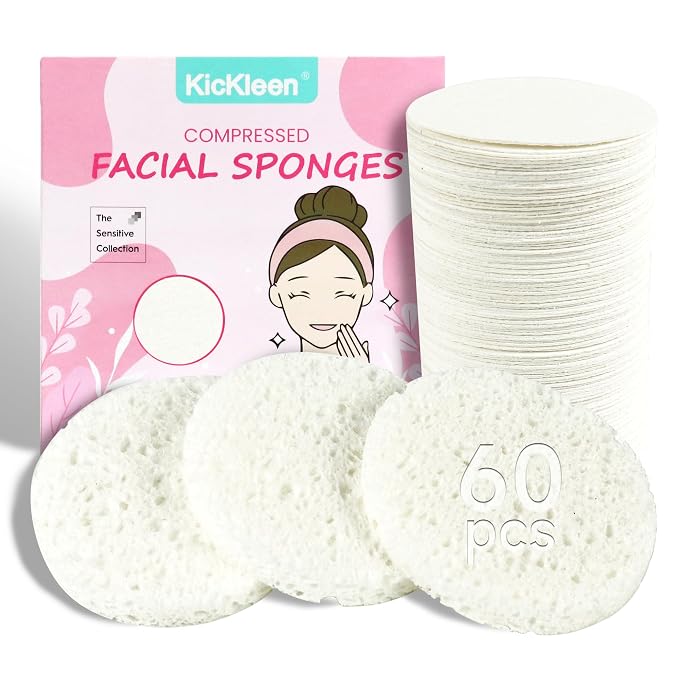 60-Count Compressed Facial Sponges|100% Natural Kickleen Cellulose Cosmetic Spa by KICKLEEN