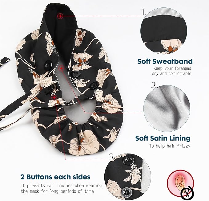 Satin Lined Scrub Caps with Buttons & Sweathand, Surgical Caps - Image 2