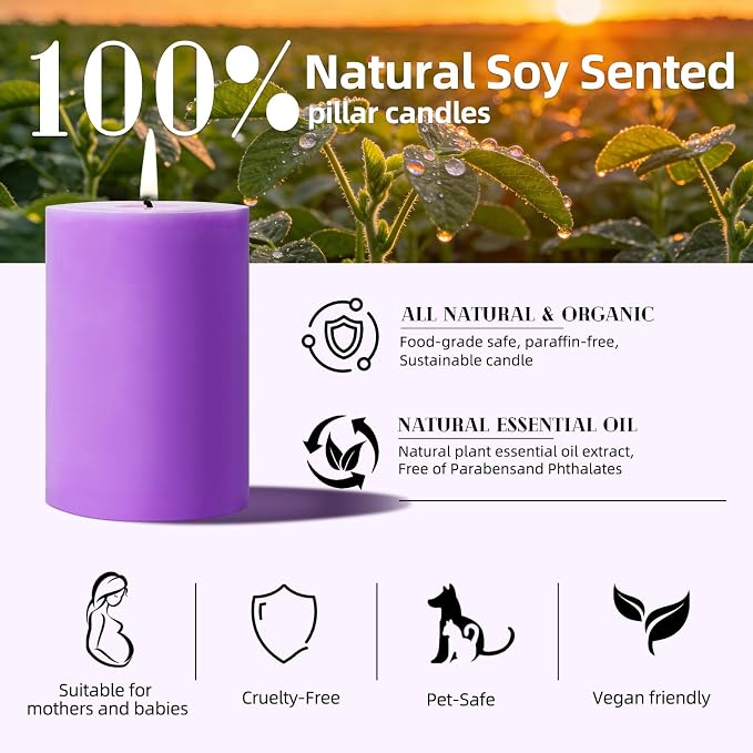 4 Pack Lilac Scented Soy Pillar Candle 2.8x4In, 240H Long Burn, Natural Spring - Image 3