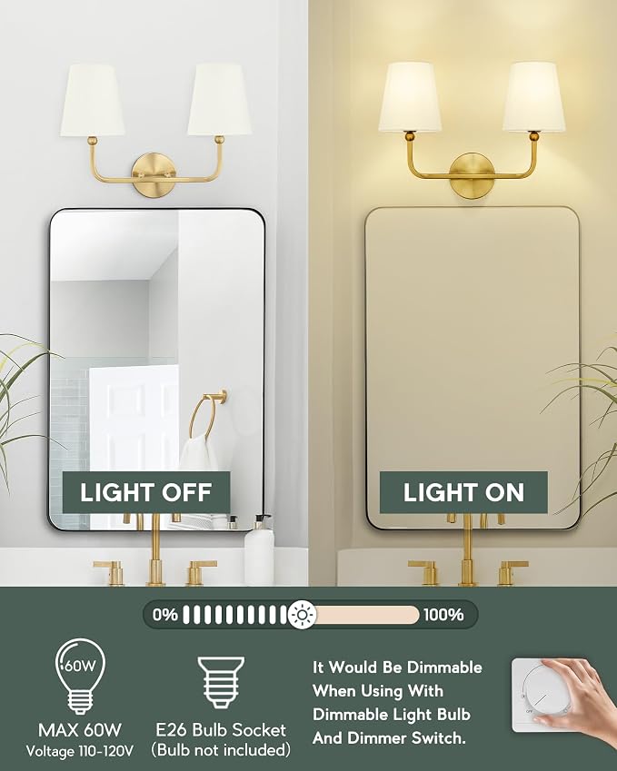 2 Light Bathroom Light Fixtures, Brushed Gold Vanity Lights, Double Wall Sconce - Image 7