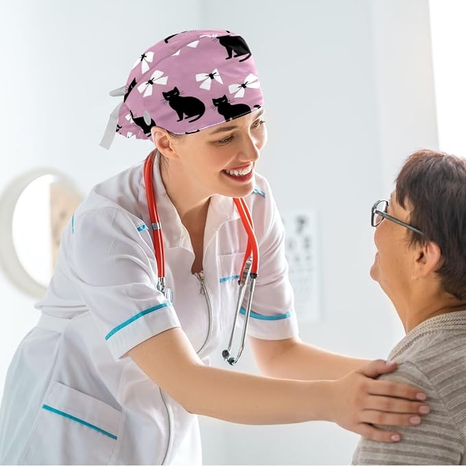 Scrub Caps Women Ponytail Cute Pink and White Leaves Caps Bouffant Working Hat - Image 6