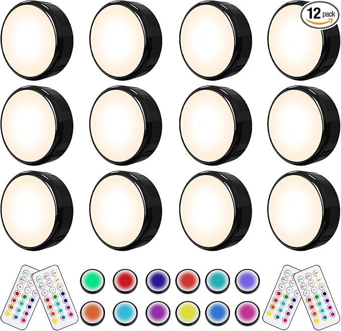 HELPLEX LED Puck Lights with Remote, 12 Pack Color Changing RGBW Stick-On Light by HELPLEX
