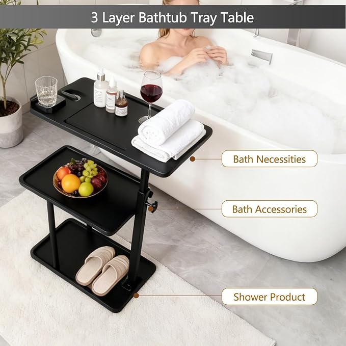3 Layer Bathtub Tray Table, Bamboo Swivel Bathtub Side Table Height Adjustable - Image 5