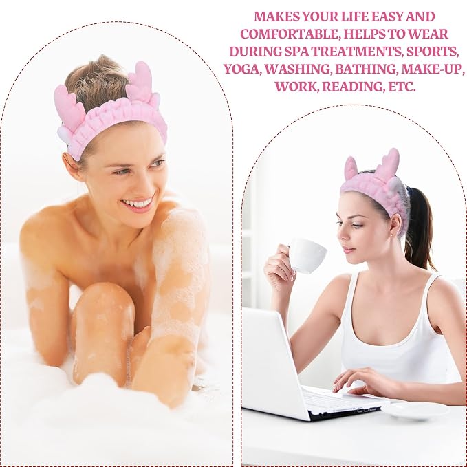 Jowmoy Cute Pink antlers Headband Frog Eye Elastic to Wash Face - Image 7