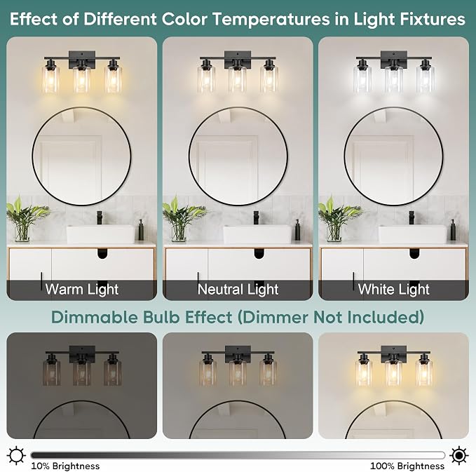 Ascher Bathroom Light Fixtures, 3-Light Vanity Light Over Mirror, Matte Black - Image 4