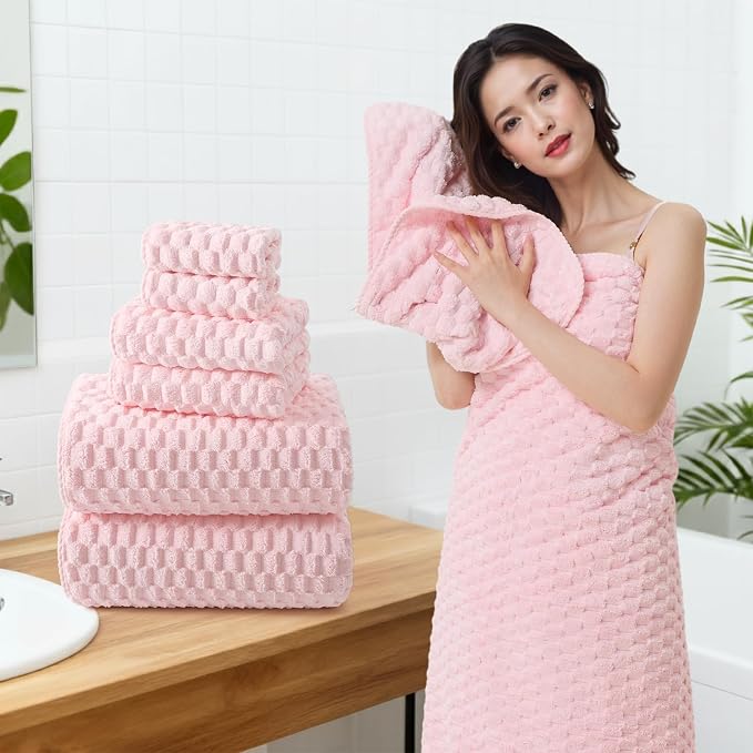 REDKISS Pink Microfiber Bath Towels Set of 6-35x70 Inches Oversized Bath Sheets - Image 4
