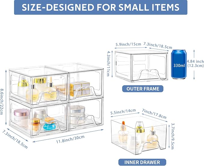 Plastic Drawers Storage, 4 Pack Clear Stackable Storage Drawers, Acrylic - Image 3