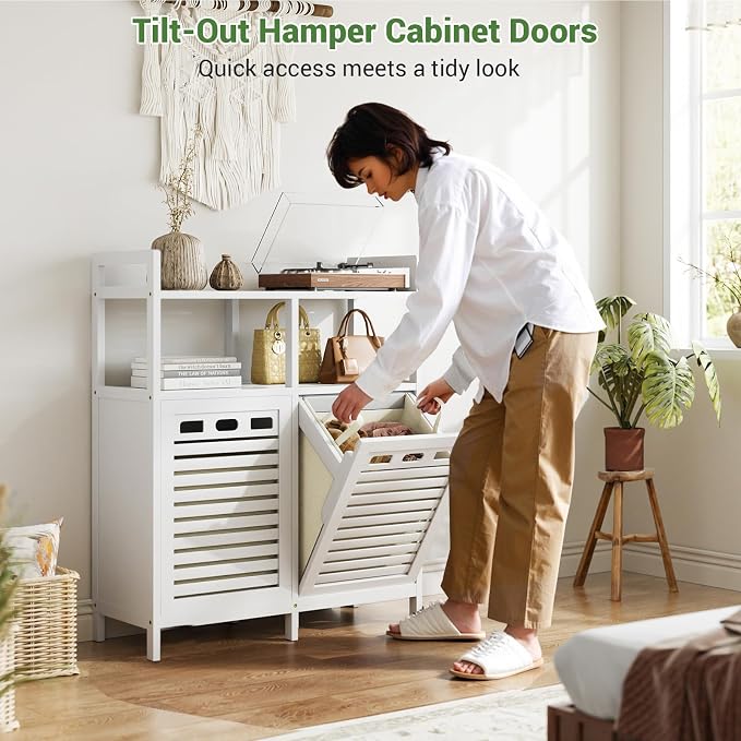 Homykic Tilt Out Laundry Hamper Cabinet, Bamboo Double Laundry Hamper - Image 4