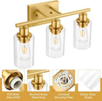 Gold Bathroom Wall Lights Brushed Brass 3-Light Vanity Light Fixtures Modern - Image 4