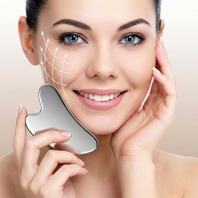 Stainless Steel Gua Sha Tool & Lymphatic Drainage Face Brush Set, Facial - Image 3