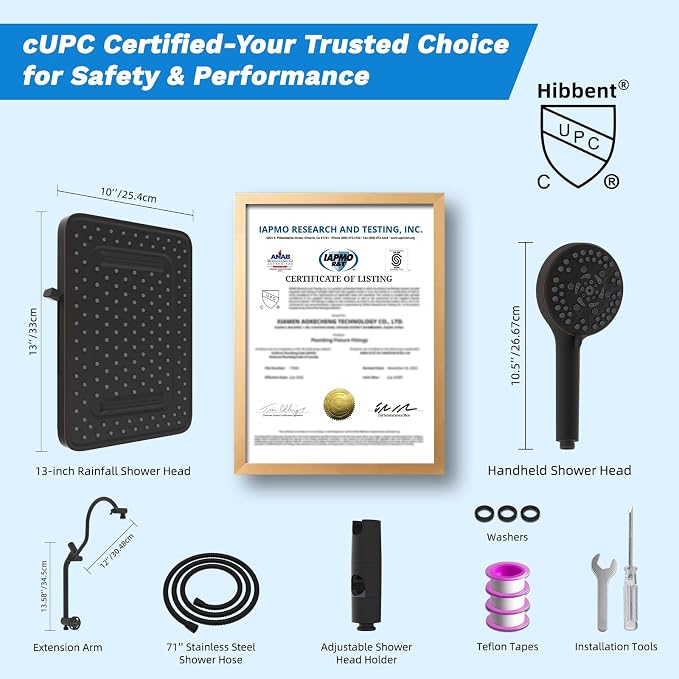 Hibbent cUPC Certified 13'' Shower Head Combo, High Pressure 5 Spray Rainfall - Image 9