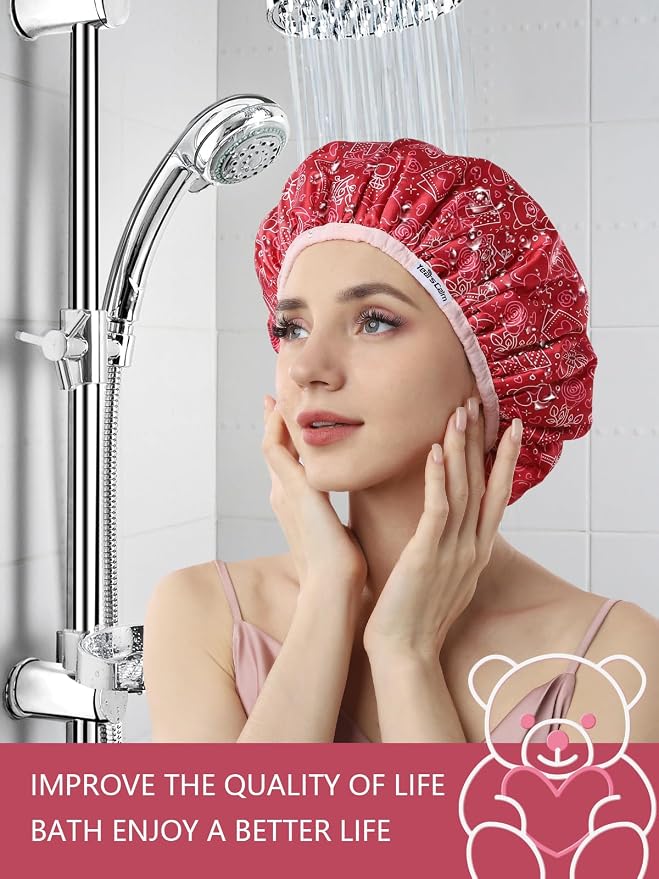 Years calm Terry Lined Shower Cap, Triple Layer Heart Motifs, Waterproof - Image 8