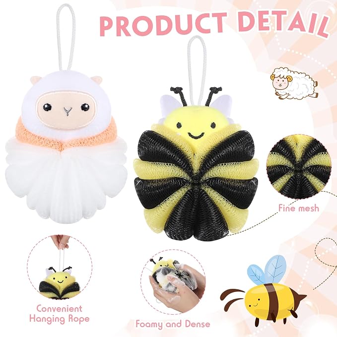 Nuenen 2 Pcs Bath Loofahs Kids Toddler Cute Cartoon Bath Sponges Loofah Pouf - Image 3