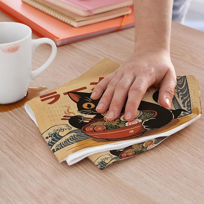 2PCS Vintage Japanese Cat Kitchen Towels, Quirky Ramen Cat Reusable Absorbent - Image 5