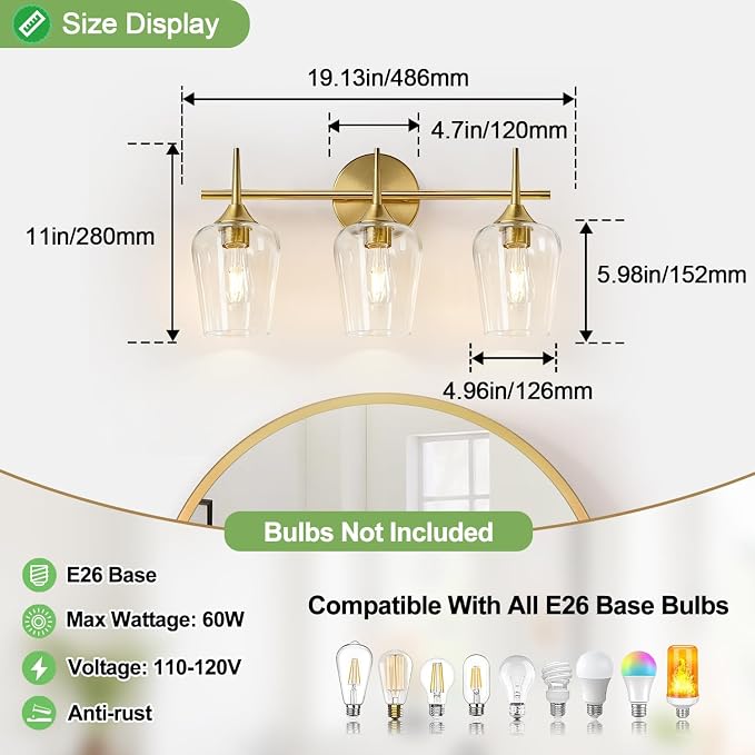 MOKATNG 3-Light Bathroom Light Fixtures, 19.5 Inch Brushed Gold Vanity Lights - Image 8