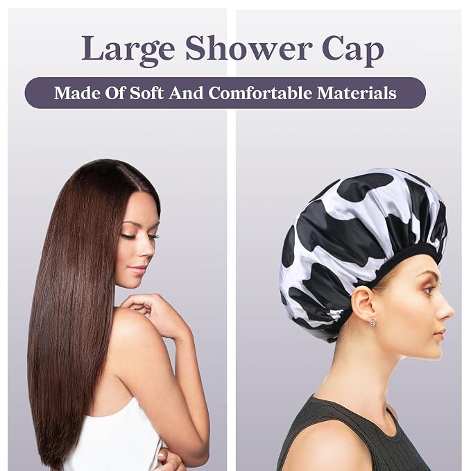 Black Cow Print Satin Shower Cap, Three-Layer Terry Cloth Lined, - Image 7