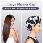 Black Cow Print Satin Shower Cap, Three-Layer Terry Cloth Lined, - Image 7