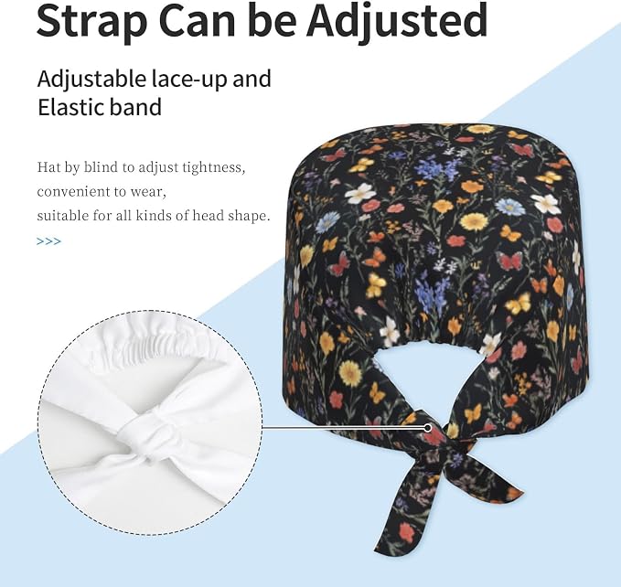 Scrub Cap for Women and Men Boho Black Leaf Pattern Adjustable Breathable - Image 4