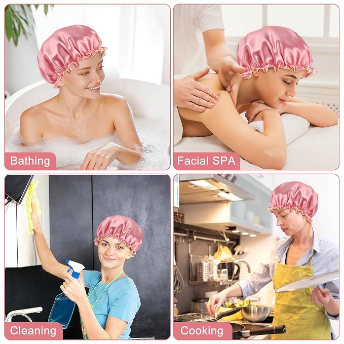 Waterproof Shower Caps for Women, Solid Color Dual-Layer Elastic Band Design - Image 6