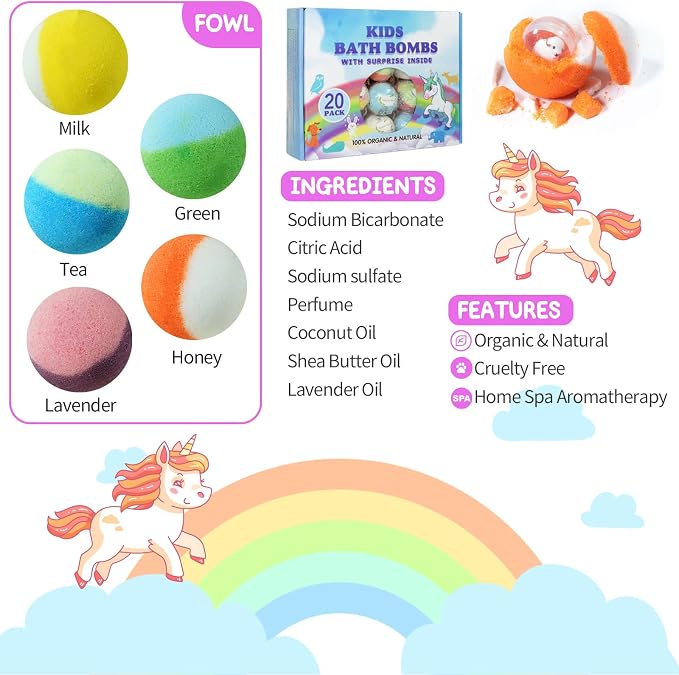 Yekery Bath Bomb Gift Set with Toys Inside, 20 Pack Organic Bath Bombs - Image 5